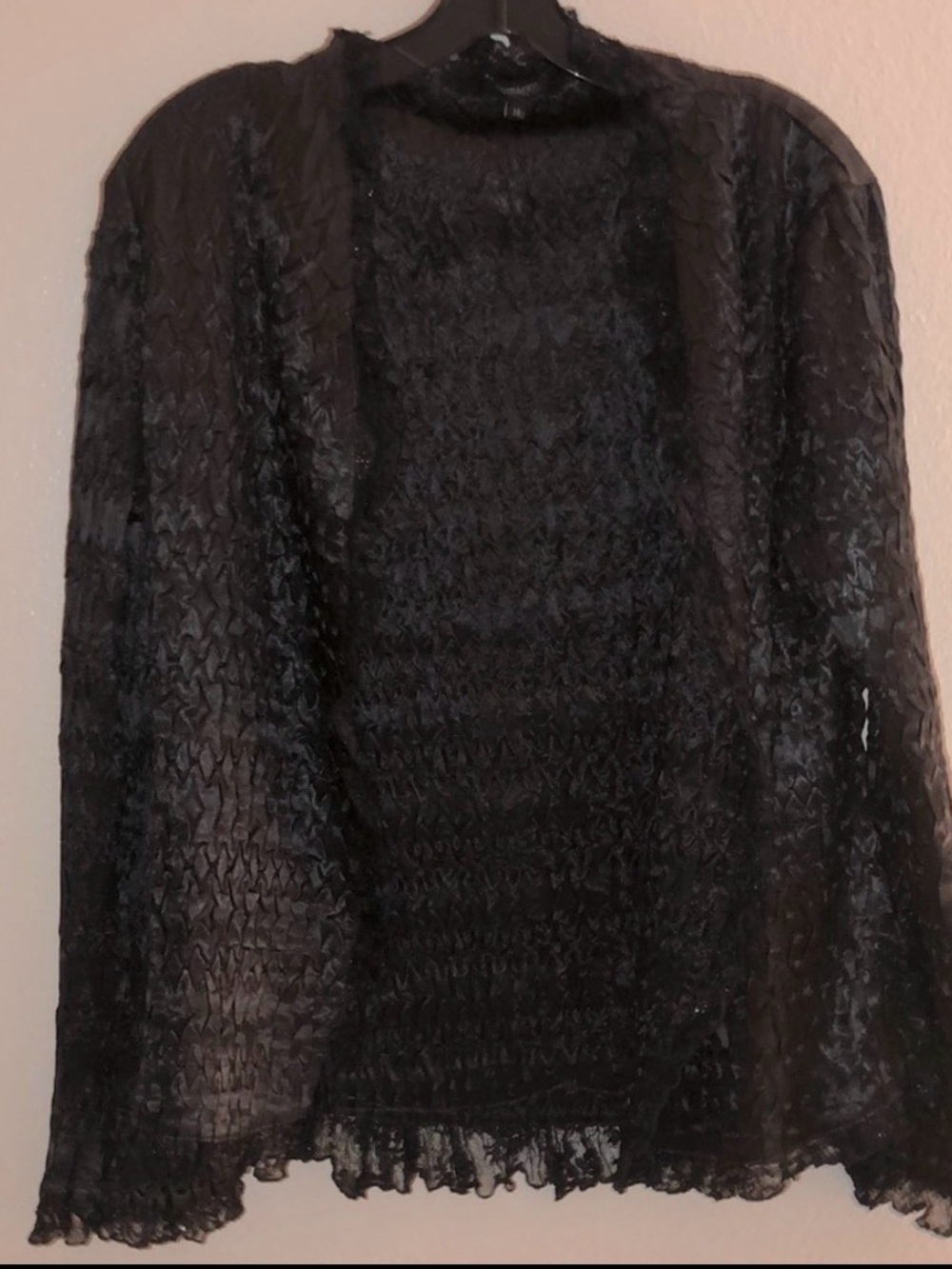 Komarov Black Textured Light Weight Open Blazer with Lace Trim